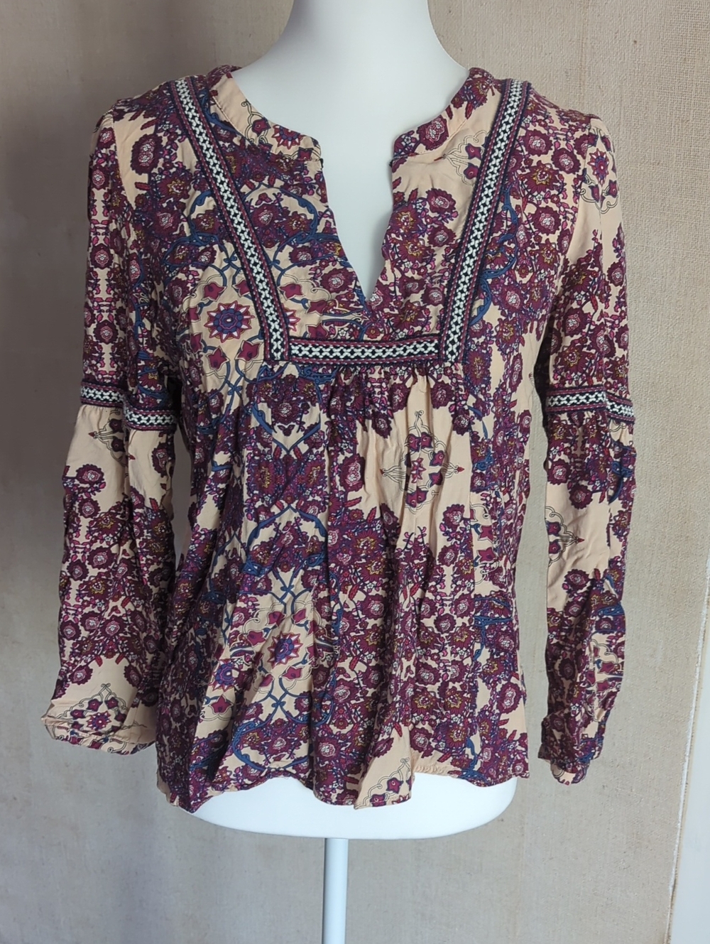 Daniel Rainn Beige Tunic with Burgundy Floral Print and Blue Embroidered Trim